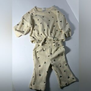 Cream Waffle Knit Two-Piece Set with Tiny Floral Print